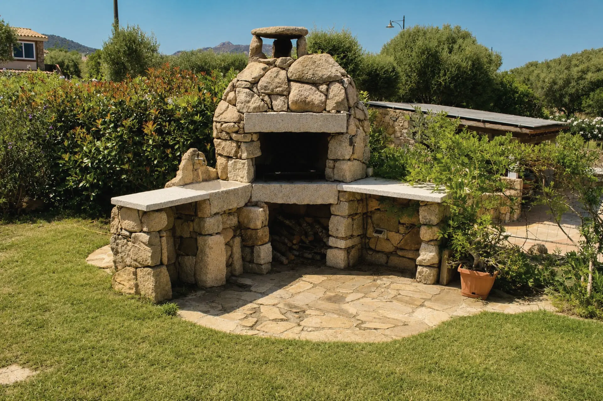 Il forno a legna in pietra di granito nel giardino